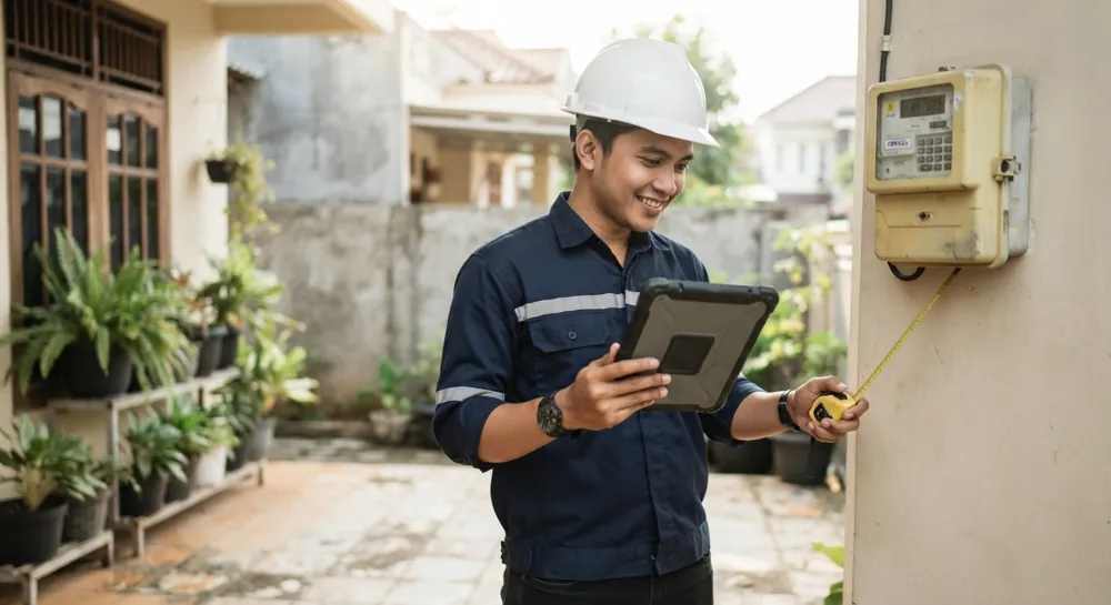 Dimas Prasetyo, surveyor, memeriksa meter listrik rumah
